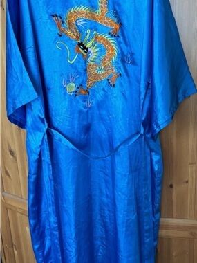 Vintage blue Satin Chinese Dragon Embroidered Ribe